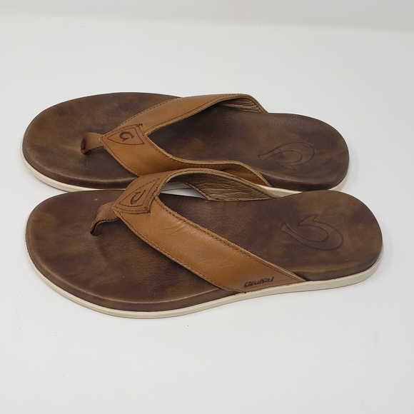Olukai Sandals Men’s 8 Nalukai Brown Tan Leather Flip Flops - Picture 4 of 9
